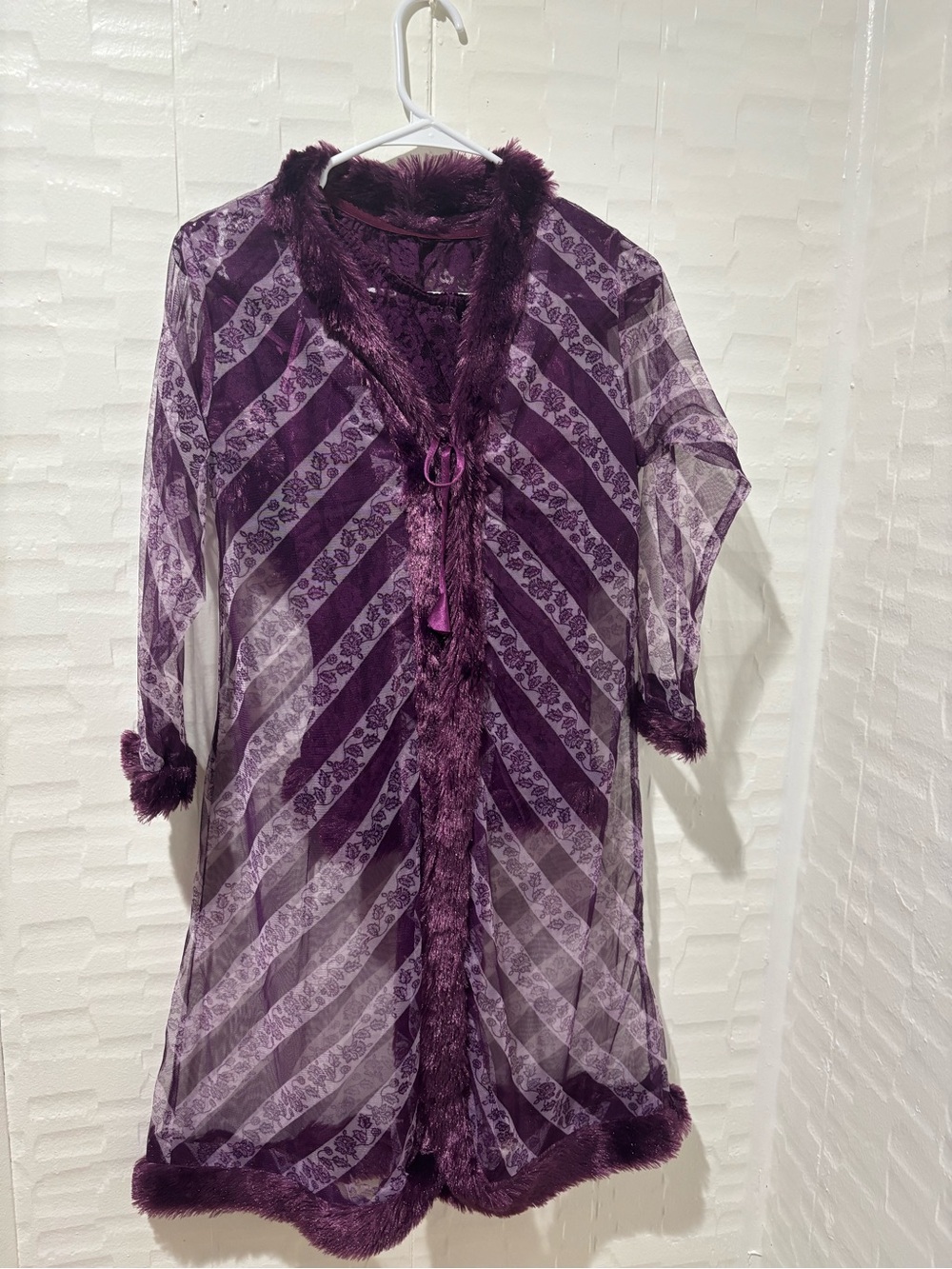 Indian Summer Purple Sheer Lace Robe with Faux Fur Trim